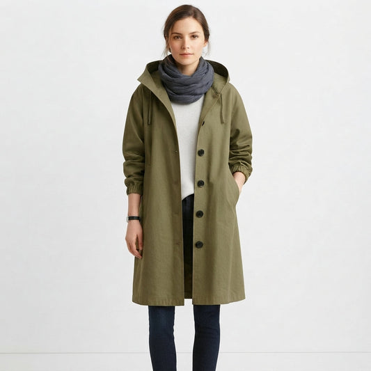 Women's Button-Front Long Hooded Casual Coat