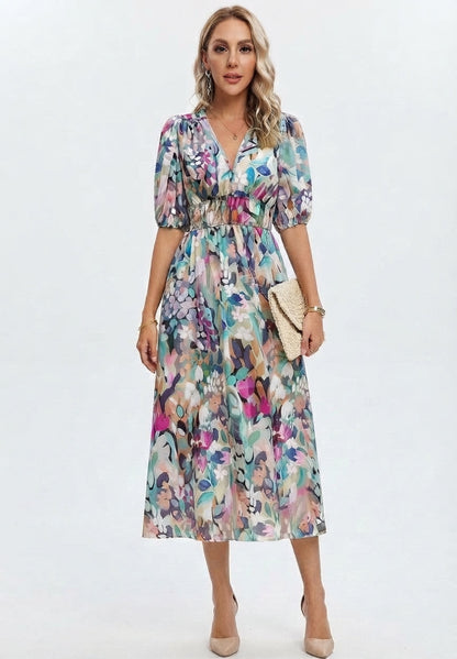 Women's Floral Print V-Neck Midi Dress for Wedding Guests
