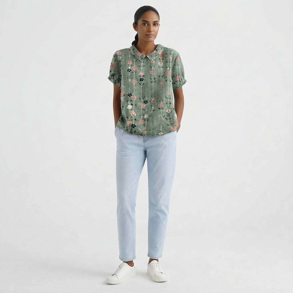 Women's Short-Sleeve Blouse with Floral Accent Collar
