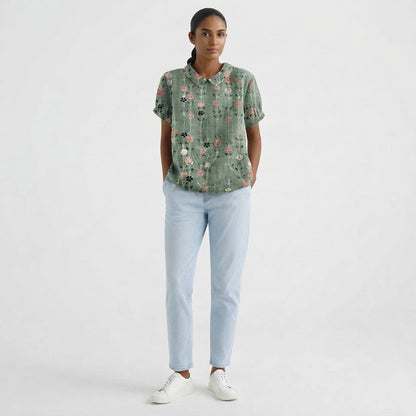 Women's Short-Sleeve Blouse with Floral Accent Collar