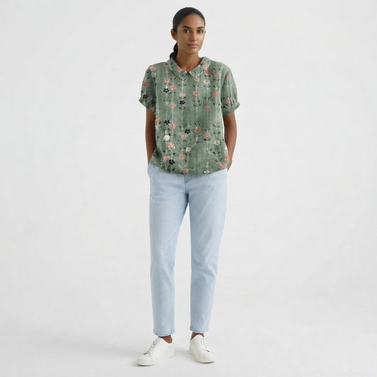 Women's Short-Sleeve Blouse with Floral Accent Collar