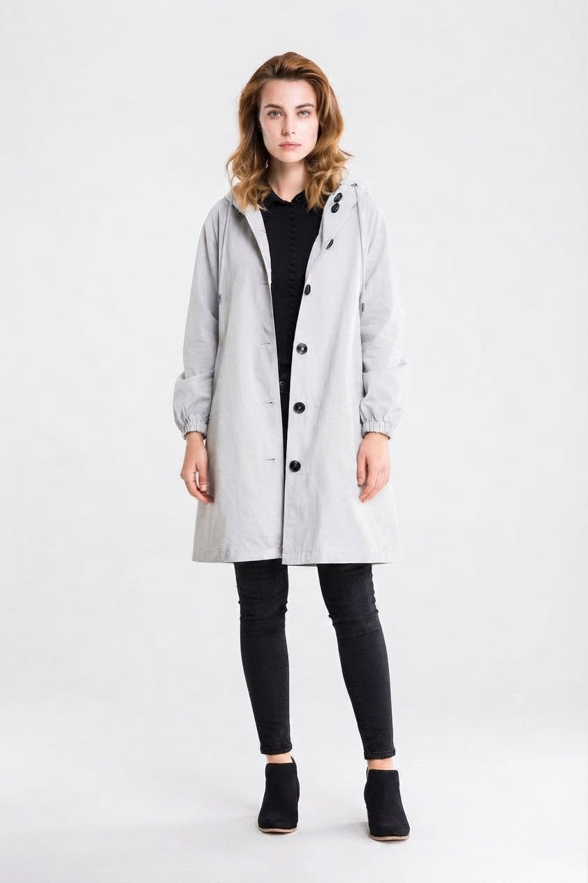 Women's Hooded Long Coat with Button Front