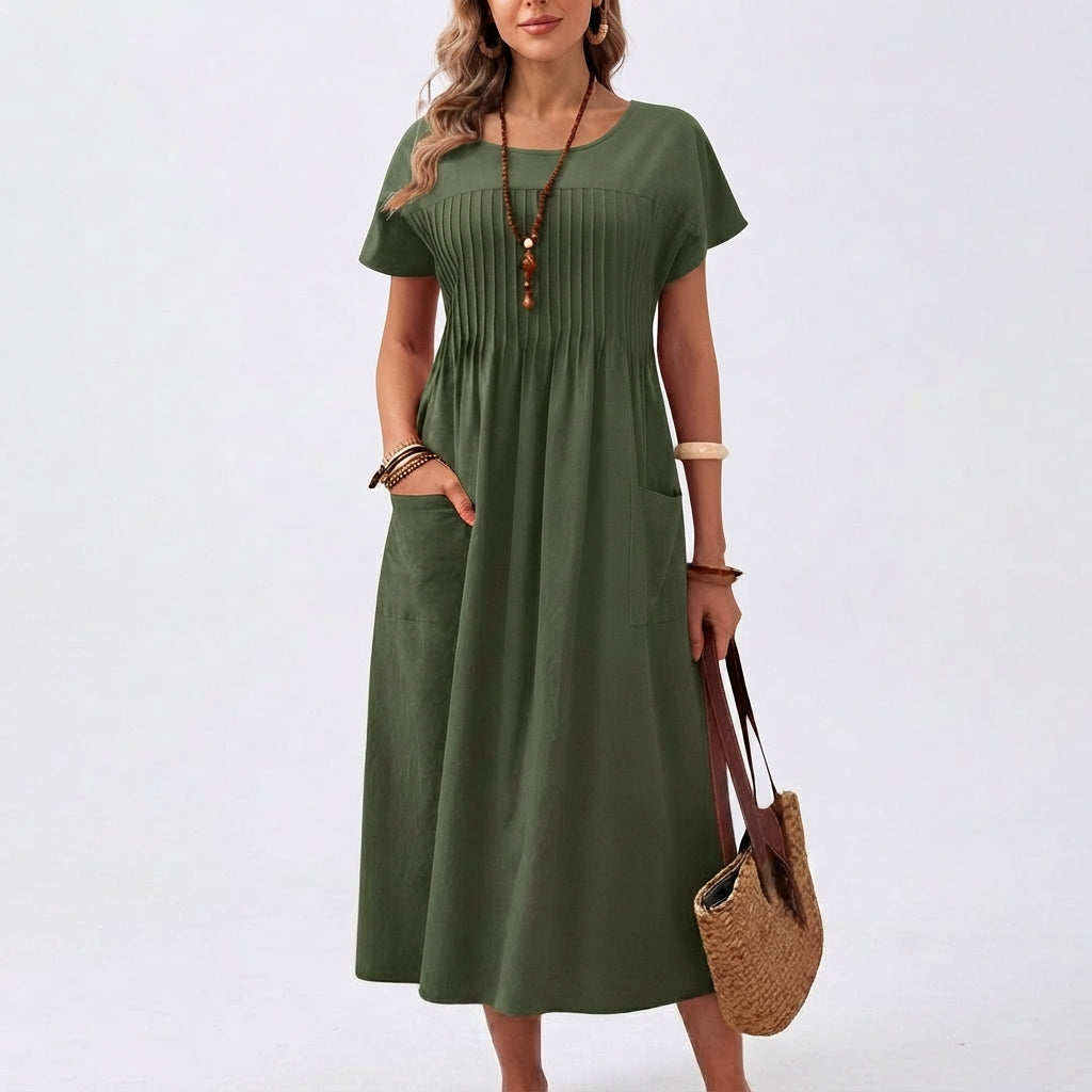 Women's Short-Sleeve Pleated Midi Dress