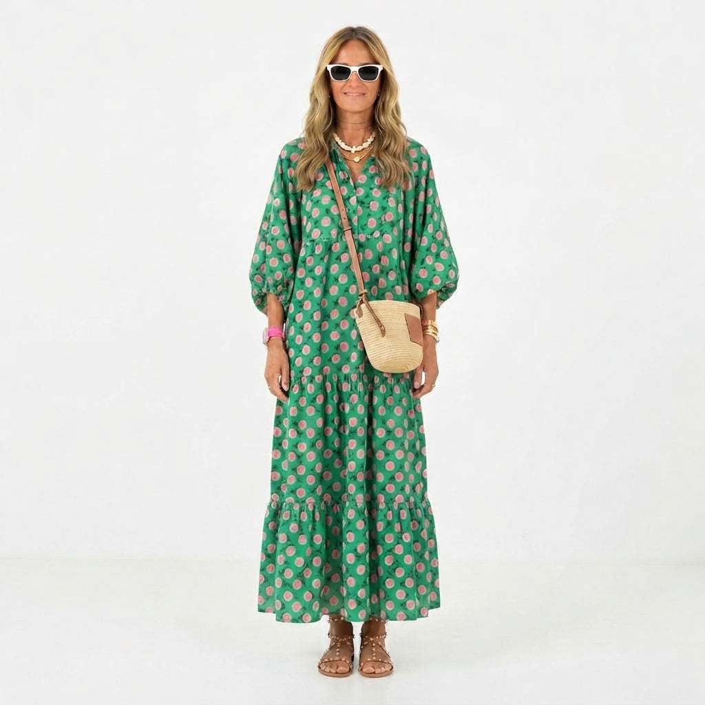 Women's Flowy Patterned V-Neck Maxi Dress