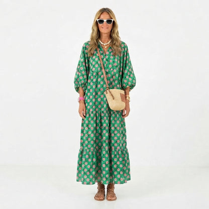 Women's Flowy Patterned V-Neck Maxi Dress