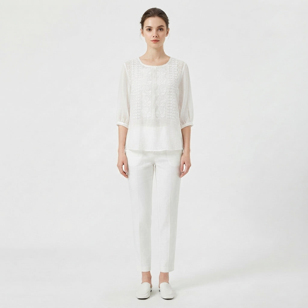 Women's Crew-Neck Embroidered Blouse