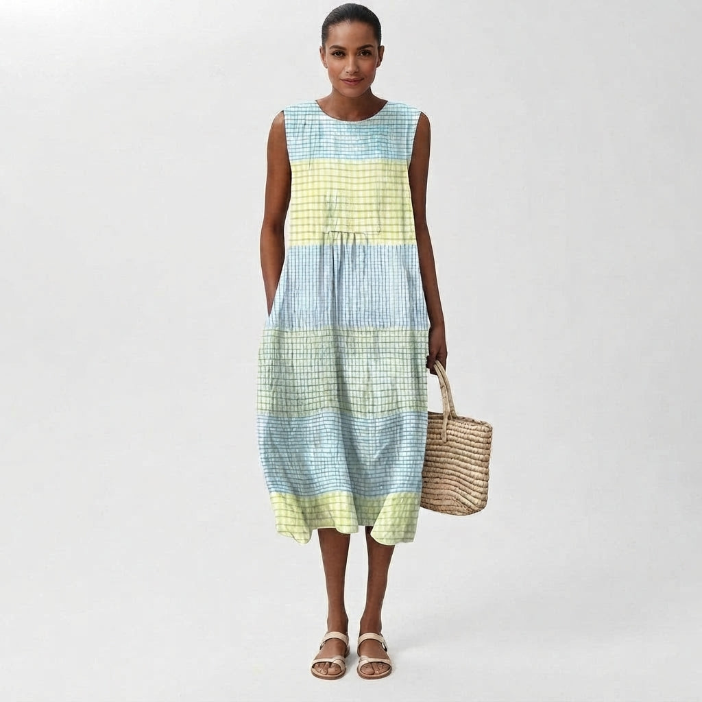 Women's Plaid Sleeveless Linen Midi Dress