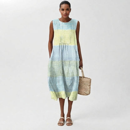 Women's Plaid Sleeveless Linen Midi Dress