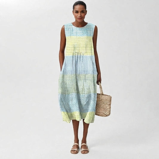 Women's Plaid Sleeveless Linen Midi Dress