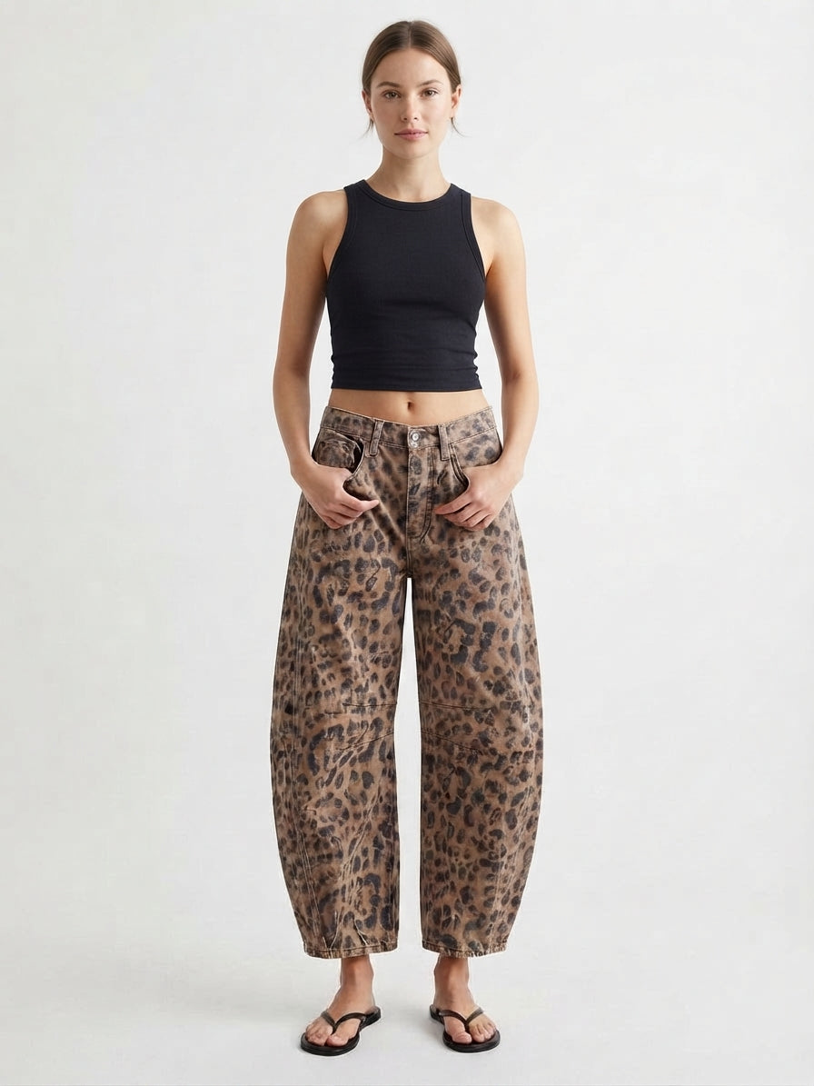 Women's Leopard Pattern Wide-Leg Denim Jeans