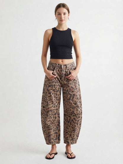 Women's Leopard Pattern Wide-Leg Denim Jeans