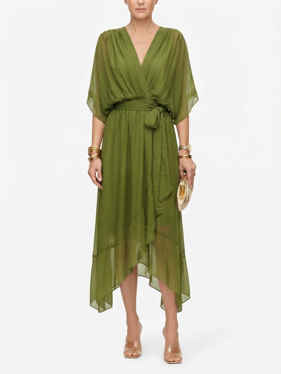 Women's Butterfly-Sleeve Midi Dress with Bow Belt