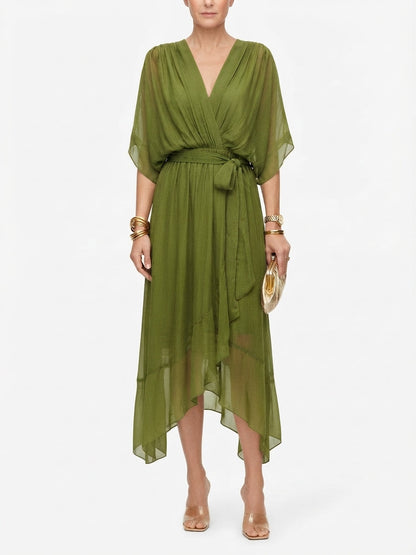 Women's Butterfly-Sleeve Midi Dress with Bow Belt