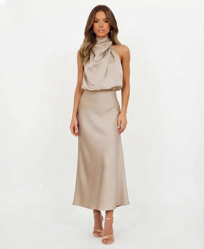 Women's Halter-Neck Satin Formal Midi Dress