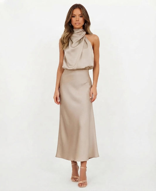 Women's Halter-Neck Satin Formal Midi Dress