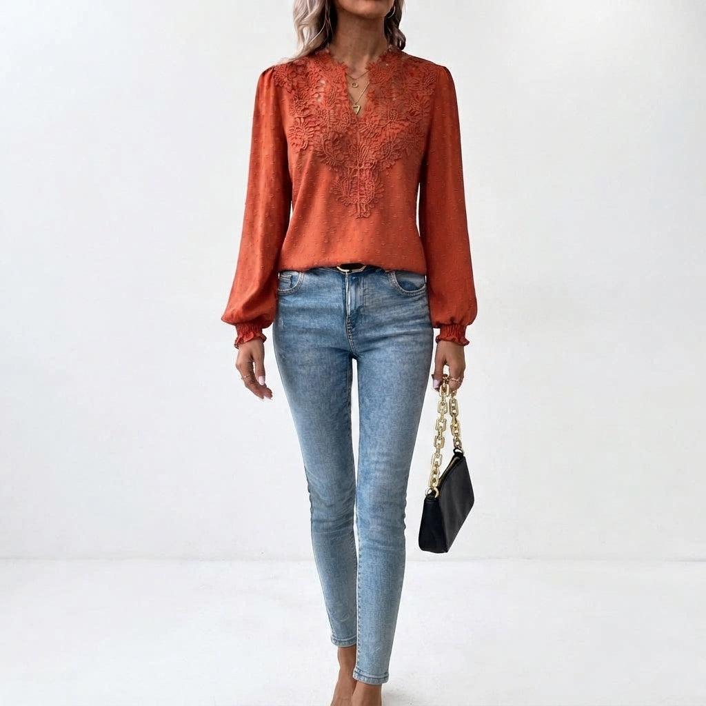 Women's Long-Sleeve V-Neck Blouse with Floral Accents