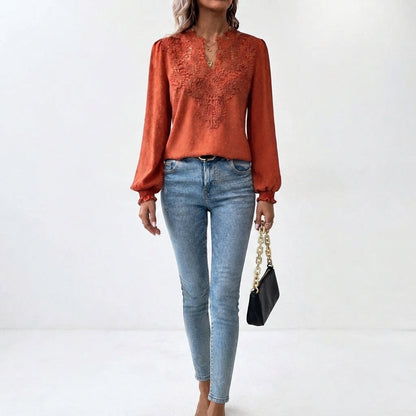 Women's Long-Sleeve V-Neck Blouse with Floral Accents