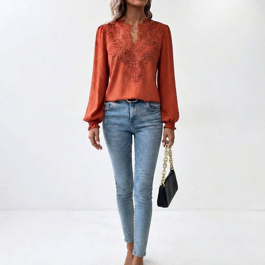 Women's Long-Sleeve V-Neck Blouse with Floral Accents