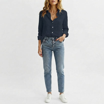Women's Button-Front V-Neck Linen Blouse