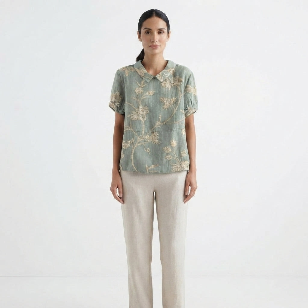 Women's Collared Floral Print Casual Top
