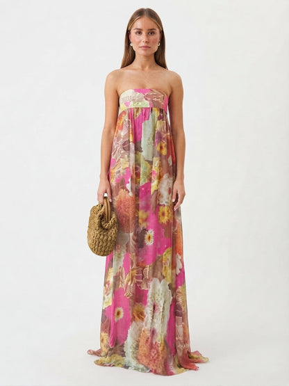 Women's Strapless Tube Top Floral Maxi Dress for Wedding Guests