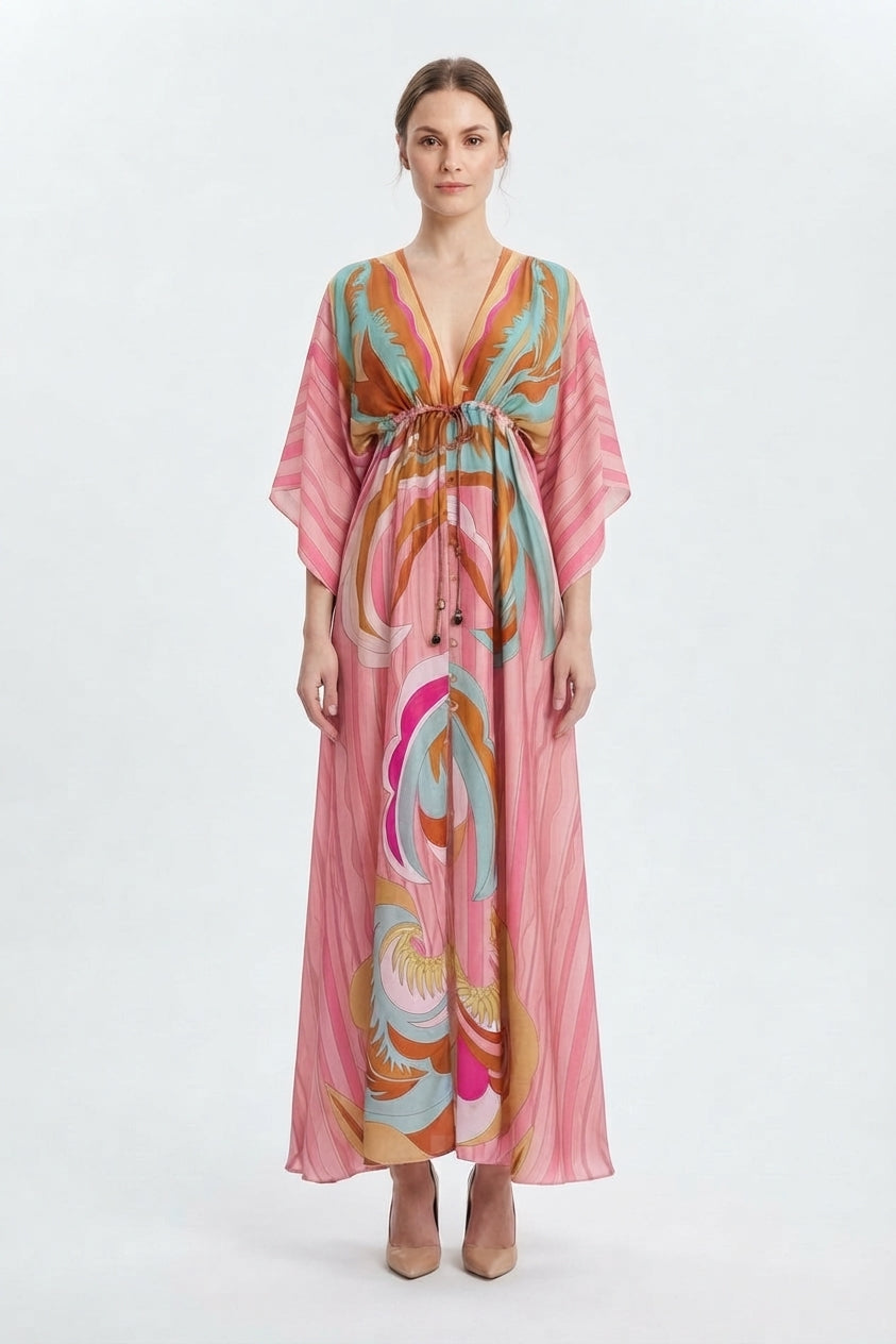 Women's Belted Printed V-Neck Maxi Dress