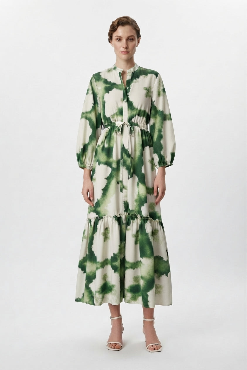 Women's Long-Sleeve Patterned V-Neck Maxi Dress