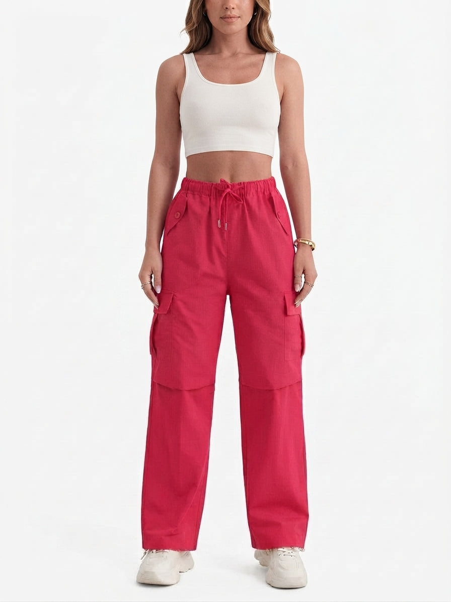 Women's Casual Drawstring Cargo Trousers with Pockets
