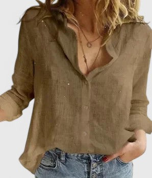 Women's Button-Front V-Neck Linen Blouse