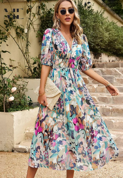 Women's Floral Print V-Neck Midi Dress for Wedding Guests