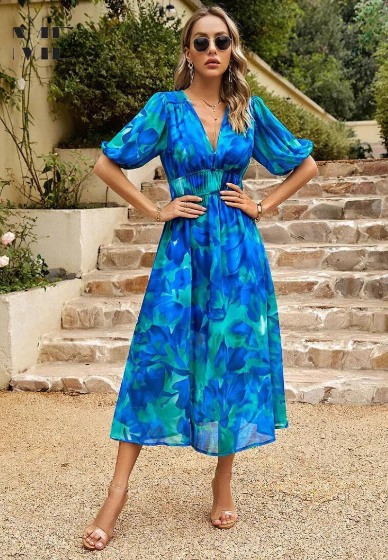 Women's Floral Print V-Neck Midi Dress for Wedding Guests