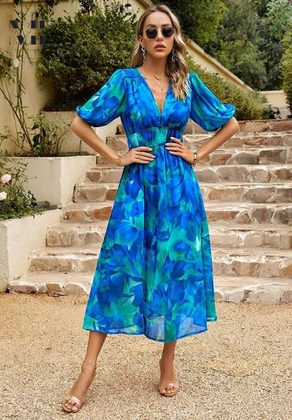 Women's Floral Print V-Neck Midi Dress for Wedding Guests