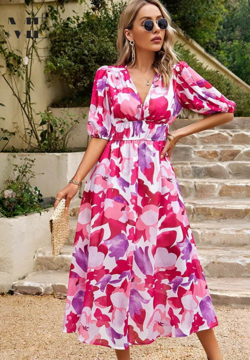 Women's Floral Print V-Neck Midi Dress for Wedding Guests