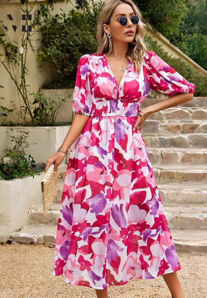 Women's Floral Print V-Neck Midi Dress for Wedding Guests