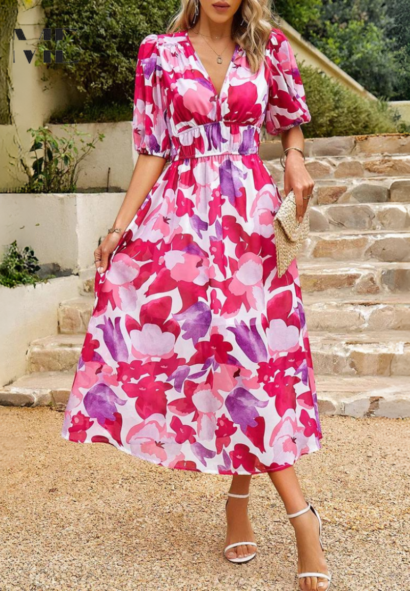 Women's Floral Print V-Neck Midi Dress for Wedding Guests