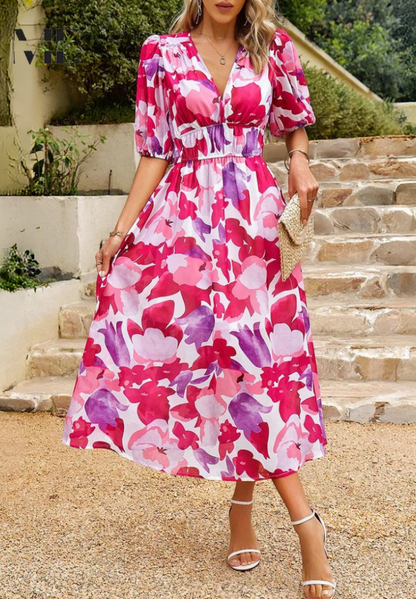 Women's Floral Print V-Neck Midi Dress for Wedding Guests