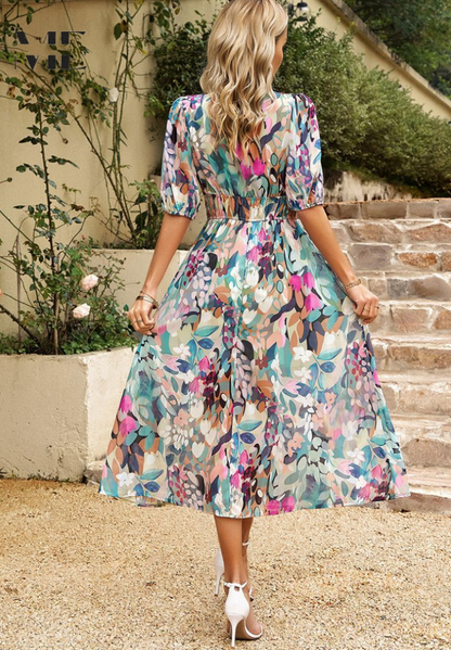 Women's Floral Print V-Neck Midi Dress for Wedding Guests
