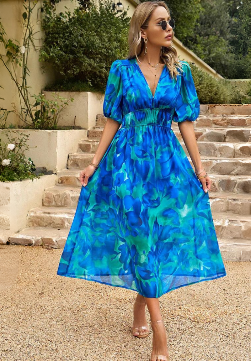 Women's Floral Print V-Neck Midi Dress for Wedding Guests