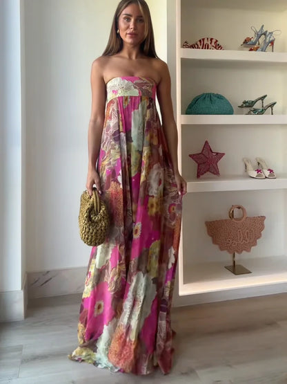 Women's Strapless Tube Top Floral Maxi Dress for Wedding Guests