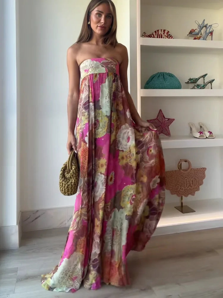 Women's Strapless Tube Top Floral Maxi Dress for Wedding Guests