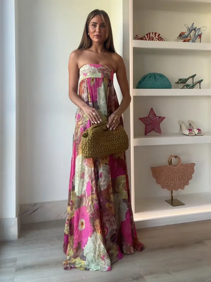 Women's Strapless Tube Top Floral Maxi Dress for Wedding Guests