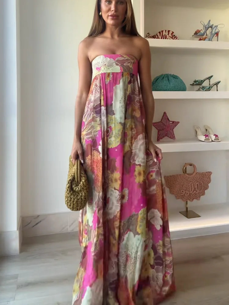 Women's Strapless Tube Top Floral Maxi Dress for Wedding Guests