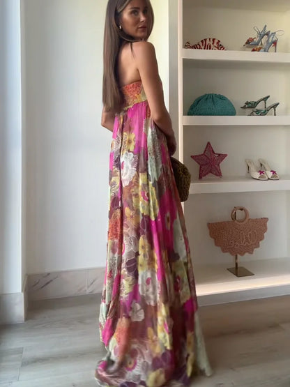 Women's Strapless Tube Top Floral Maxi Dress for Wedding Guests