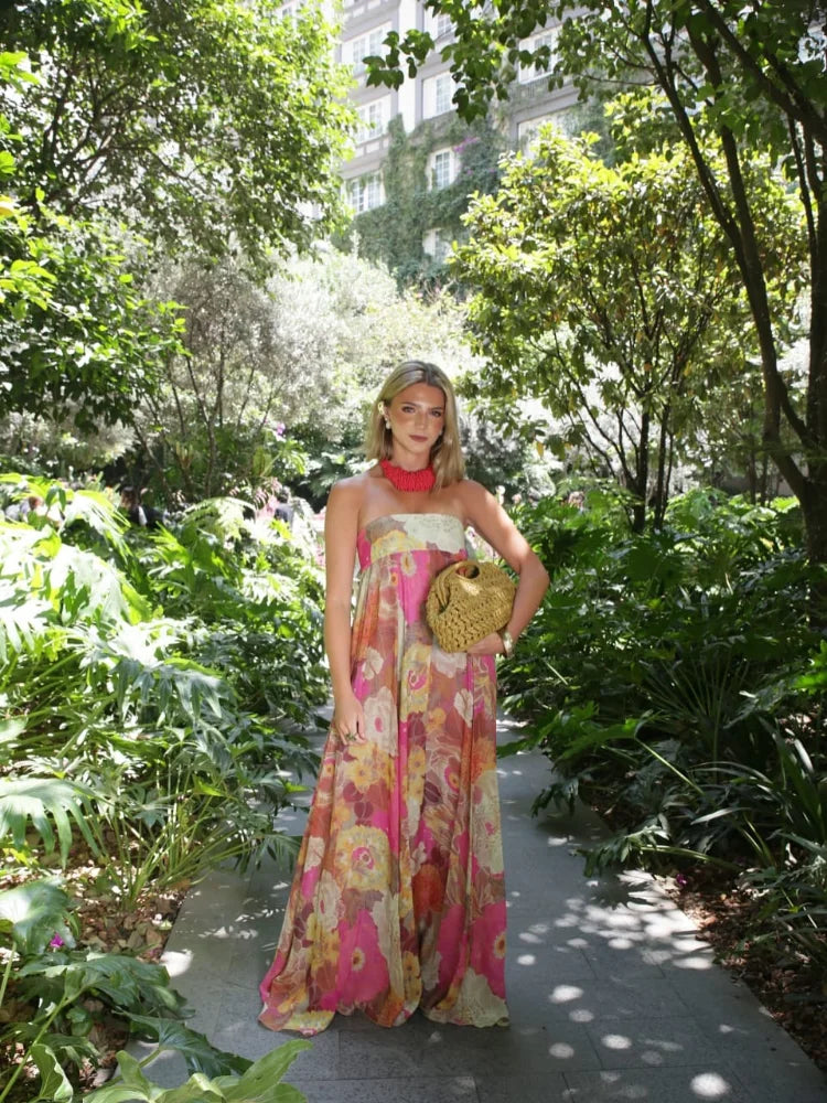 Women's Strapless Tube Top Floral Maxi Dress for Wedding Guests
