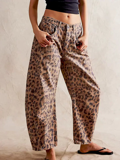 Women's Leopard Pattern Wide-Leg Denim Jeans