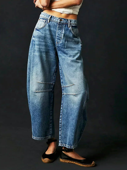 Women's Leopard Pattern Wide-Leg Denim Jeans