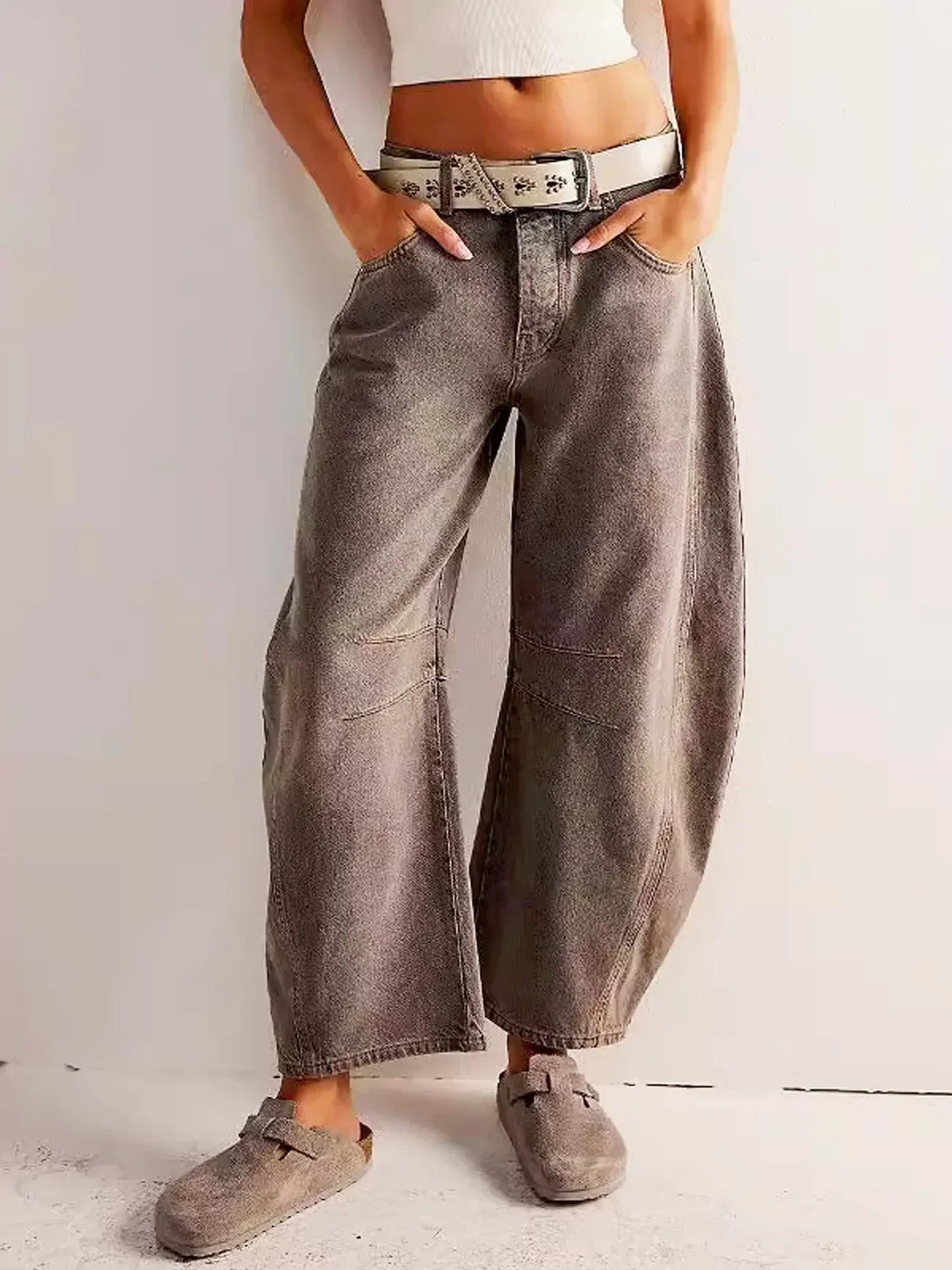 Women's Leopard Pattern Wide-Leg Denim Jeans