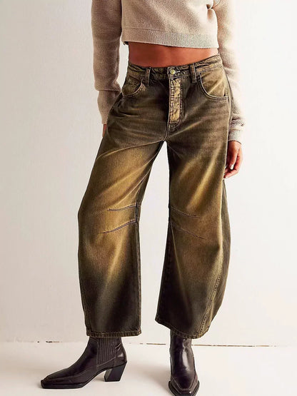 Women's Leopard Pattern Wide-Leg Denim Jeans