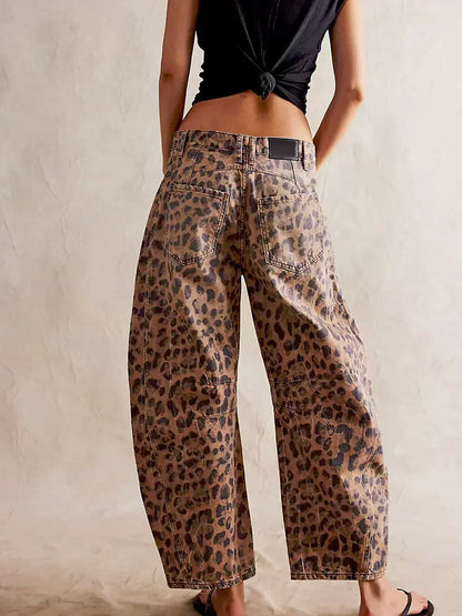 Women's Leopard Pattern Wide-Leg Denim Jeans