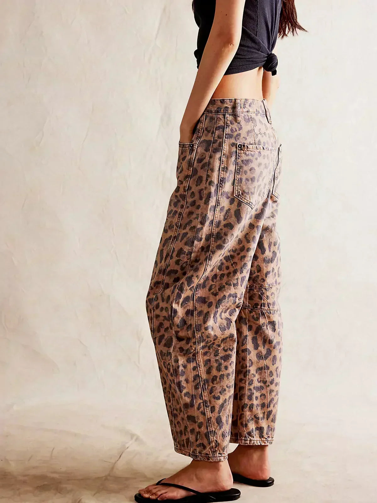 Women's Leopard Pattern Wide-Leg Denim Jeans